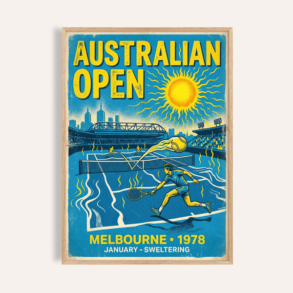 Australian Open Wall Art poster featuring retro tennis court in blue and yellow