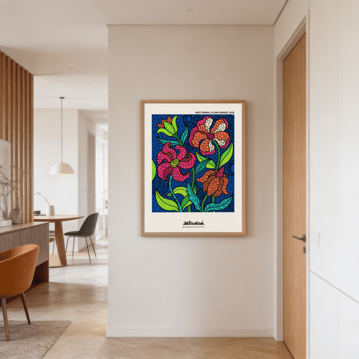 Patterned botanical poster print with bold linework and central flower forms