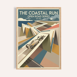 Featured Coastal Run Art Print poster with vintage racing text and geometric road