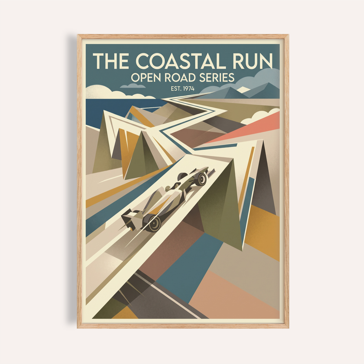 Featured Coastal Run Art Print poster with vintage racing text and geometric road