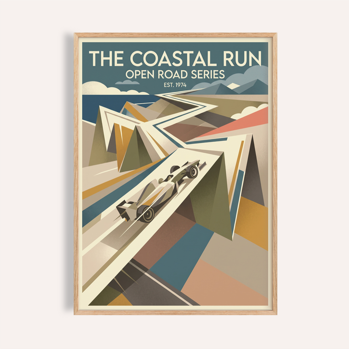 Featured Coastal Run Art Print poster with vintage racing text and geometric road