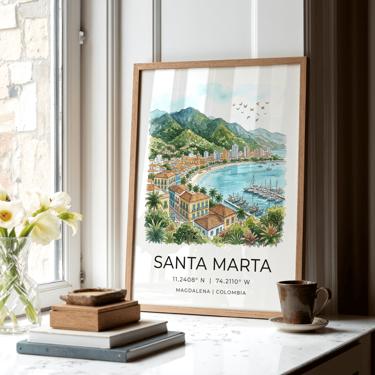 Coastal travel wall art print of Santa Marta with palm trees and layered mountains