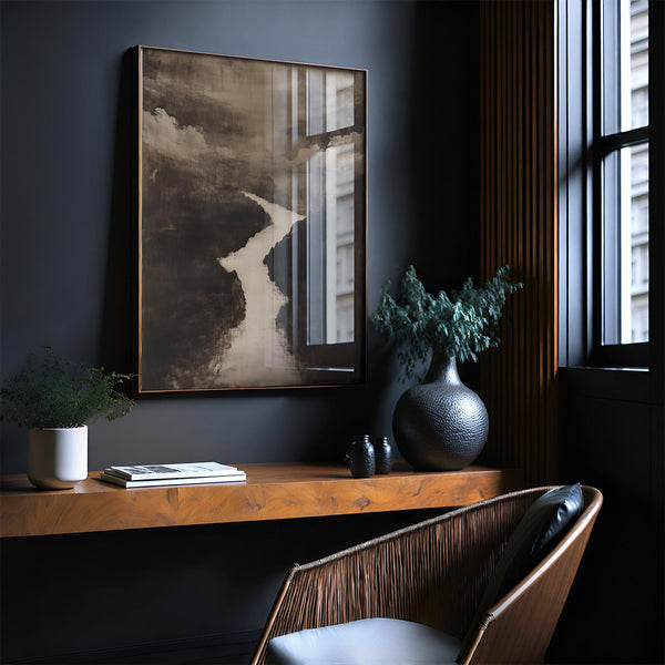 Wabi sabi sumi e art print showing deep shadows and flowing water.