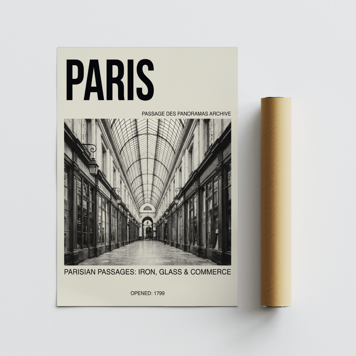Border design highlighting bold PARIS typography above corridor image