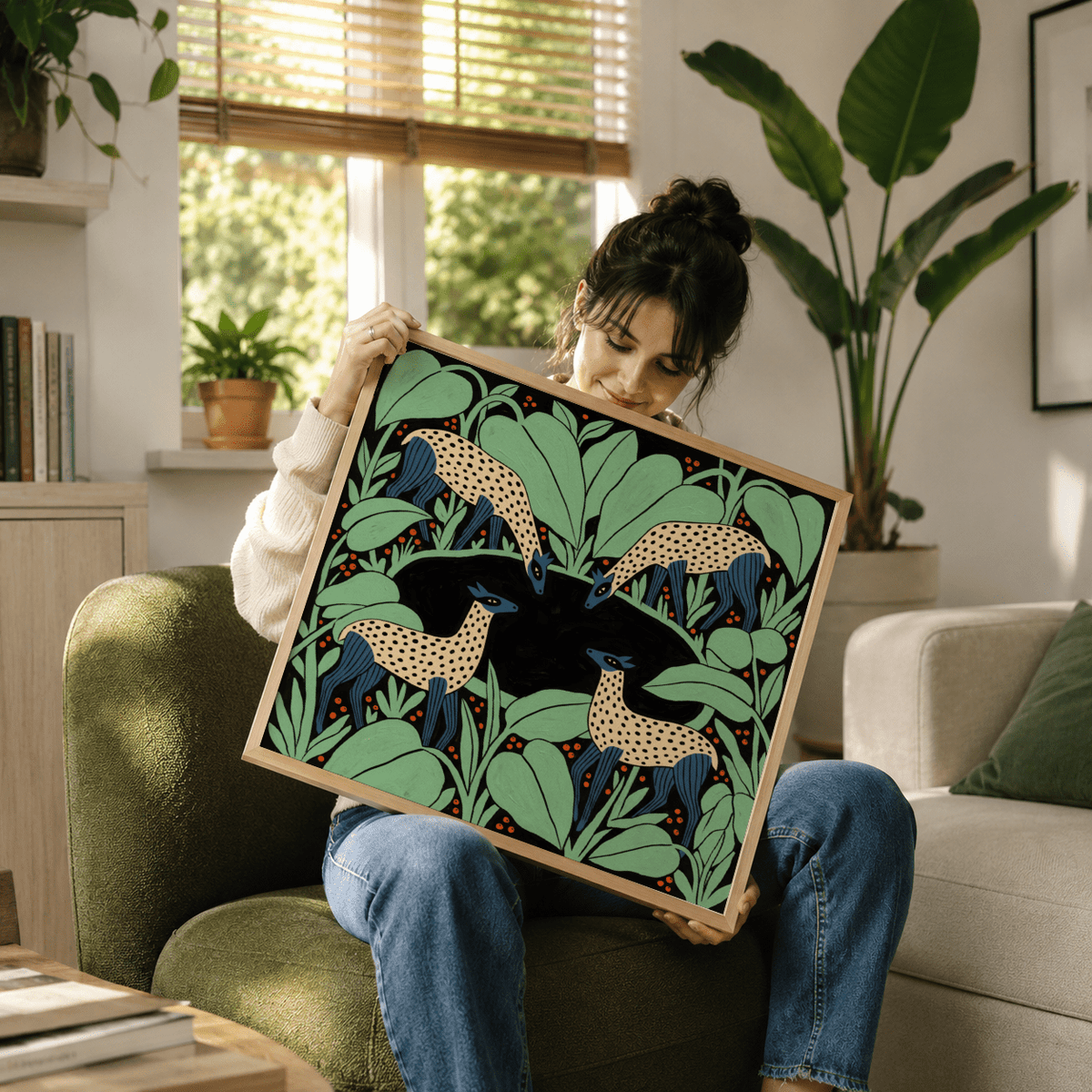 Square wildlife wall art print with four deer figures and repeating leafy forms