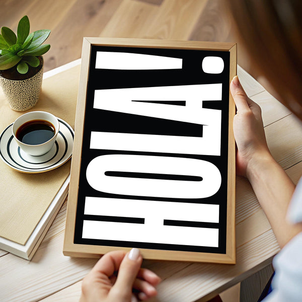 Bold minimalist posters with typography featuring "HOLA" design