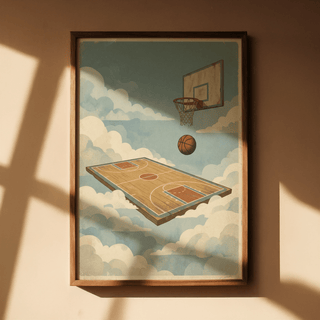 Floating basketball hoop over wood court in surreal sky illustration