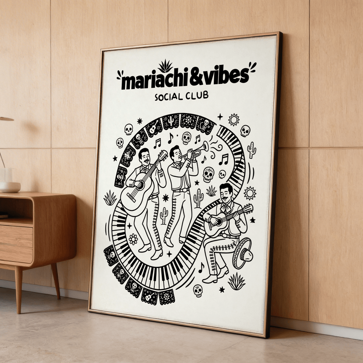 Mariachi Art Print black and white wall art featuring trumpet player between guitarists