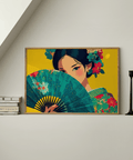 Japanese Geisha Wall Art with yellow hues and green for hallway wall art
