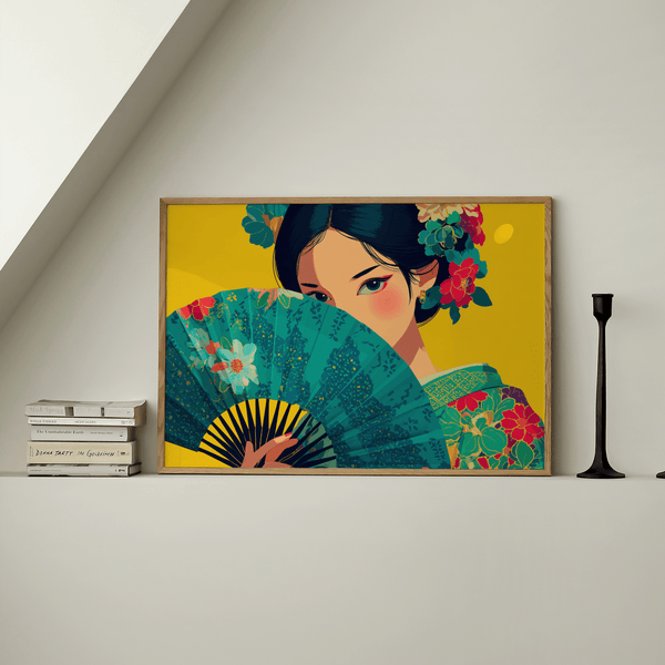 Japanese Geisha Wall Art with yellow hues and green for hallway wall art