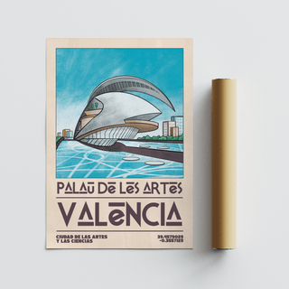 Typography-forward Valencia Architecture Print featuring PALAU DE LES ARTS and Valencia coordinates