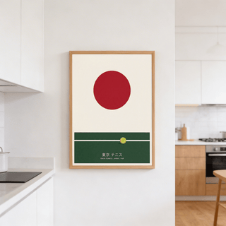 Graphic tennis wall poster with Japanese characters and “Tokyo Tennis | Japan | 1968” text