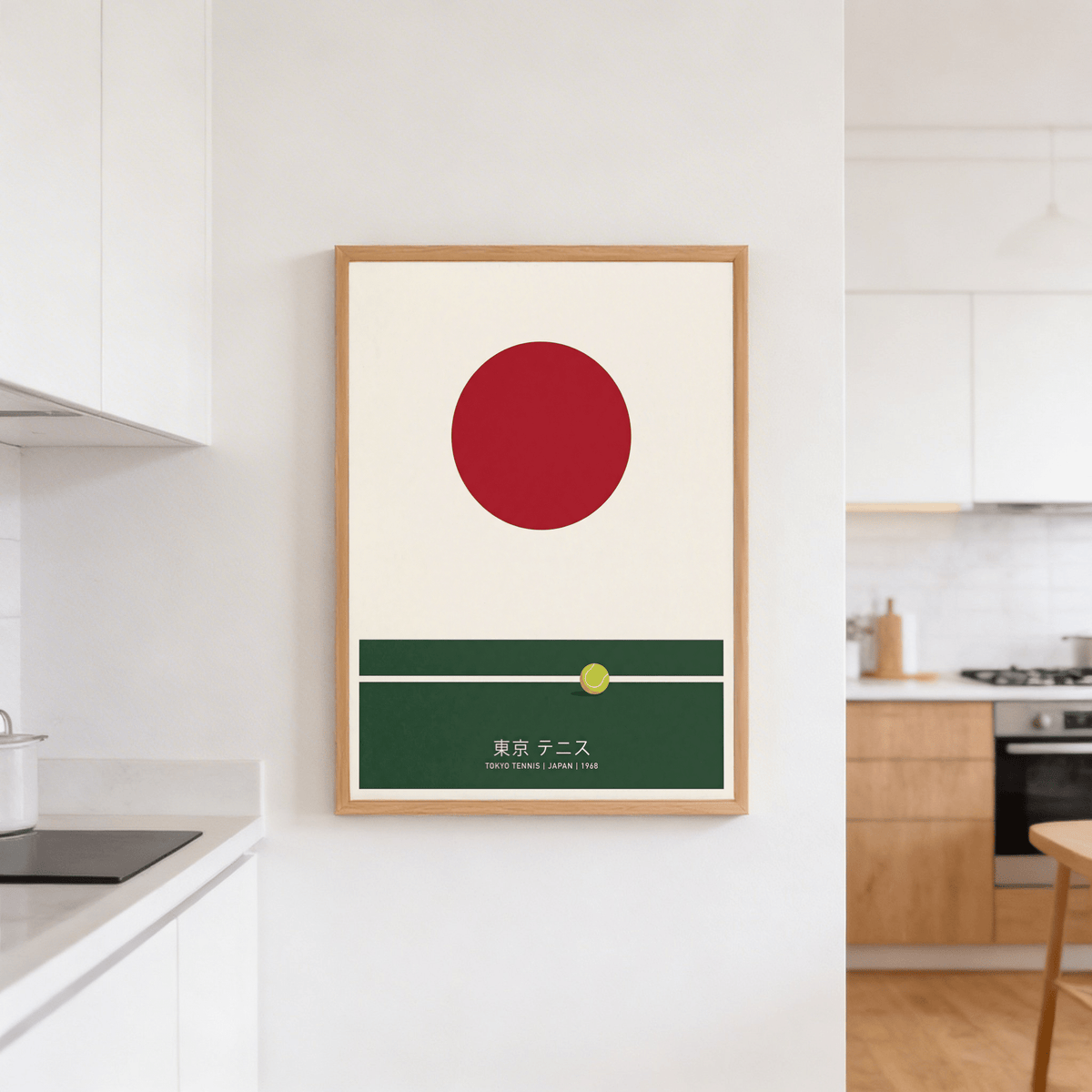 Graphic tennis wall poster with Japanese characters and “Tokyo Tennis | Japan | 1968” text