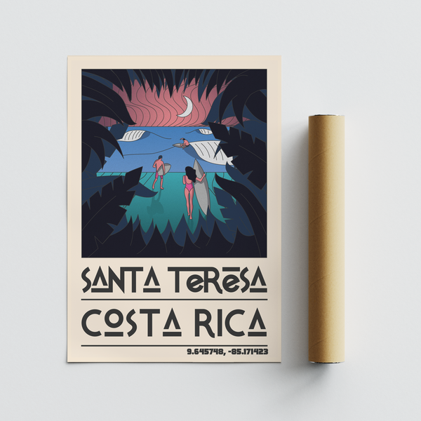 Minimal travel art showing surfers carrying boards to shoreline