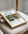 Architectural wall art print of Tallinn with round tower rooftops and tall spire