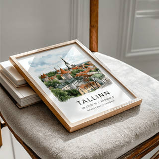 Architectural wall art print of Tallinn with round tower rooftops and tall spire