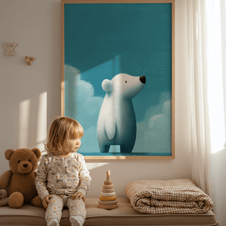 Cute Polar Bear Print for playroom, main Blue and White tones, poster