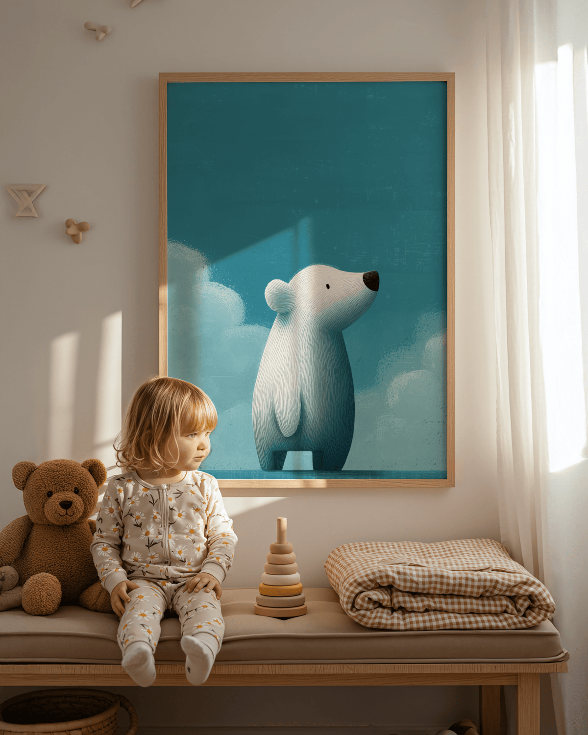 Cute Polar Bear Print for playroom, main Blue and White tones, poster