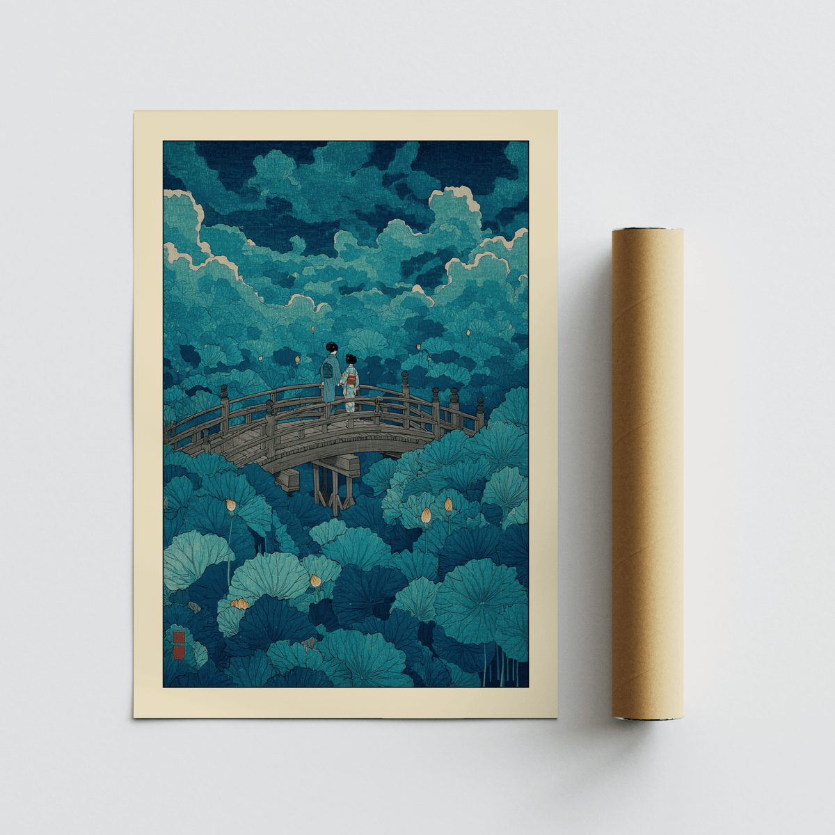 Hasui Kawase lotus pond print featuring an arched bridge above a lotus pond