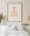 Minimal text print with “Leave the day outside” and “Safe + Loved” lines and stacked serif lettering