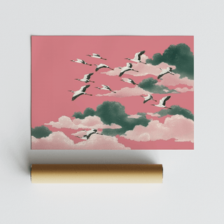 Pink Crane Wall Art with flying cranes, Green clouds for lounge décor
