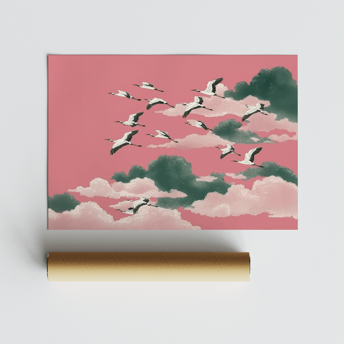 Pink Crane Wall Art with flying cranes, Green clouds for lounge décor