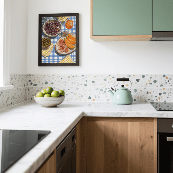 Dining room Picnic Decor Wall Art print with blue colors and food setup