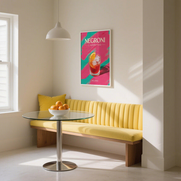 Cocktail posters vintage inspired print of Negroni with citrus slice.