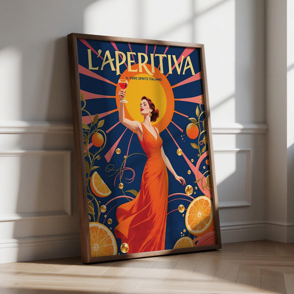 Aperol Spritz Gift wall art with citrus and cocktail elements in bold orange hues.
