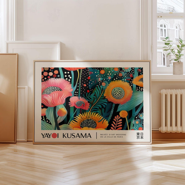 Yayoi Kusama-inspired floral wall art with vibrant sunflower patterns