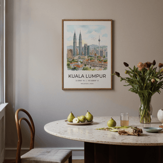Travel-style wall art print of Kuala Lumpur with large city name typography