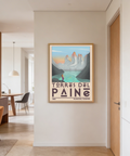 Angled crop of dark cliff shapes framing the lake in Torres Del Paine wall art poster