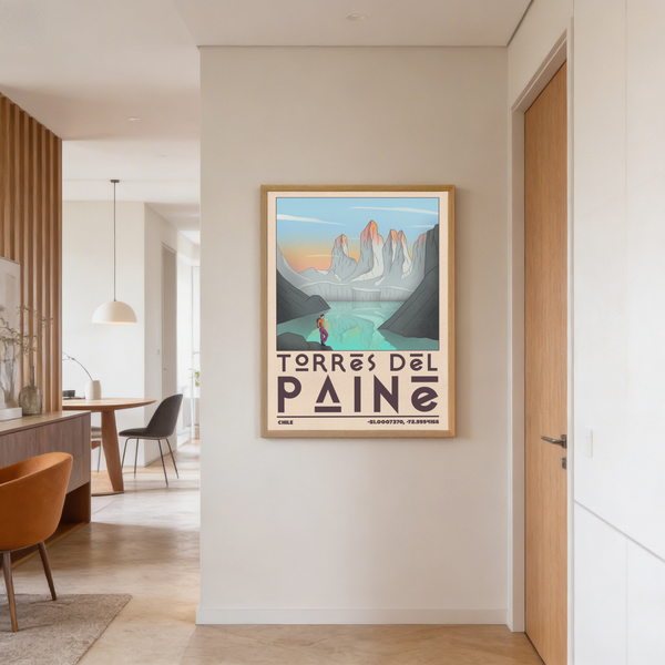 Angled crop of dark cliff shapes framing the lake in Torres Del Paine wall art poster