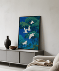 Bird Art Print with cranes in a study room wall art setting