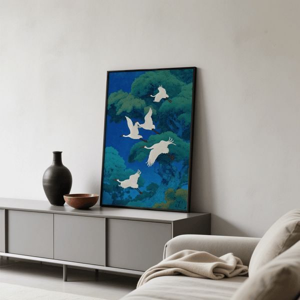 Bird Art Print with cranes in a study room wall art setting