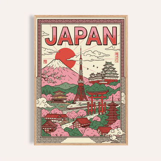Japan Wall Art print featuring Green, Pink, Red, and Beige for living room decor