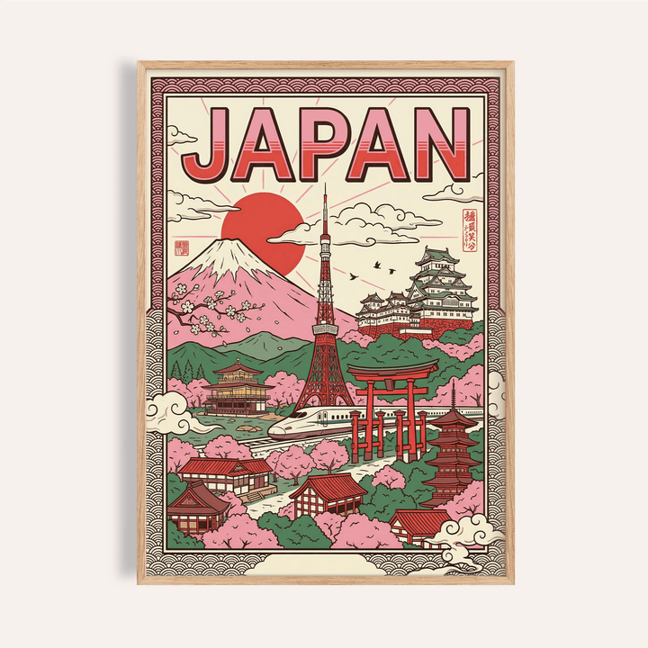 Japan Wall Art print featuring Green, Pink, Red, and Beige for living room decor