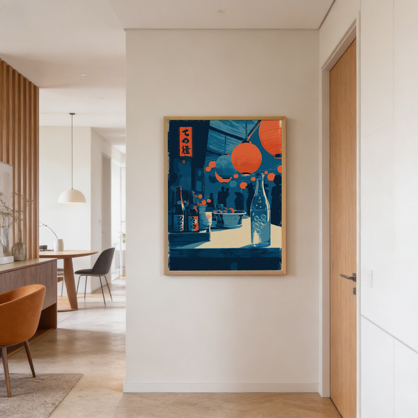 Studio shot of Japanese Market Wall Art print highlighting lantern cluster and countertop still life