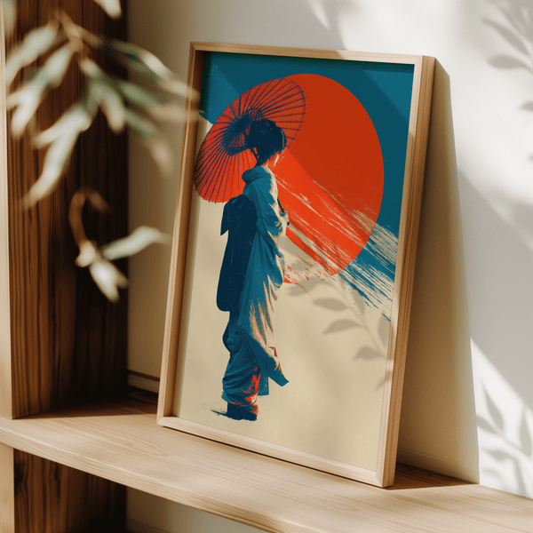 Colorful Japanese Geisha Pop Art print with Red sun for creative home office wall