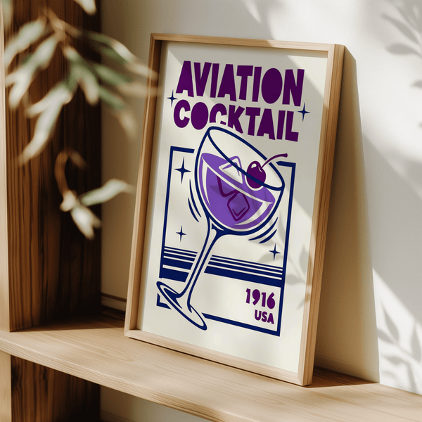 Aviation Cocktail Print art print showing Purple and Blue cocktail for living room