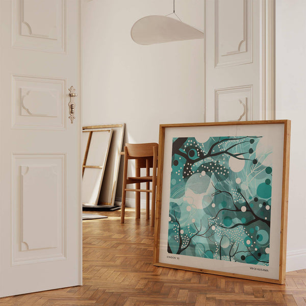 Home office with calming teal home decor nature print