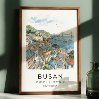 Hillside neighborhood print featuring stair steps, rooftops, and sea