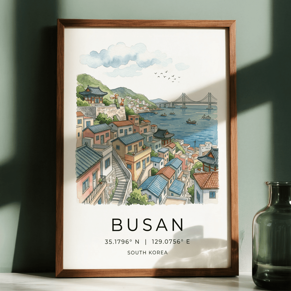 Hillside neighborhood print featuring stair steps, rooftops, and sea