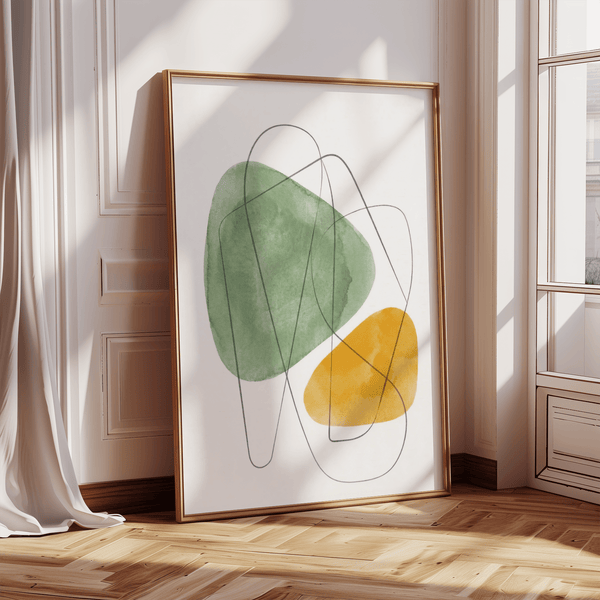 Contemporary Abstract Watercolor Art in Green and Yellow for bedroom wall