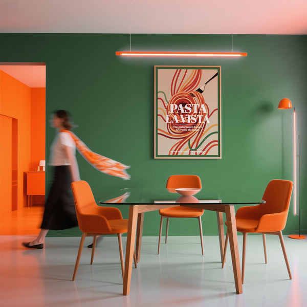 Fork spinning pasta in vibrant colors, perfect for dining room prints.