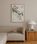 Branch scene wall art print featuring owl and fan-shaped foliage