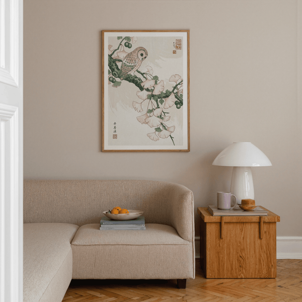 Branch scene wall art print featuring owl and fan-shaped foliage
