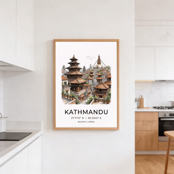 Urban illustration wall art with layered rooftops, stairways, and compact homes