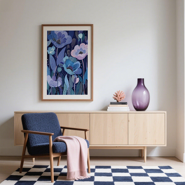 Purple Home Decor featuring stylized floral patterns and layered textures.