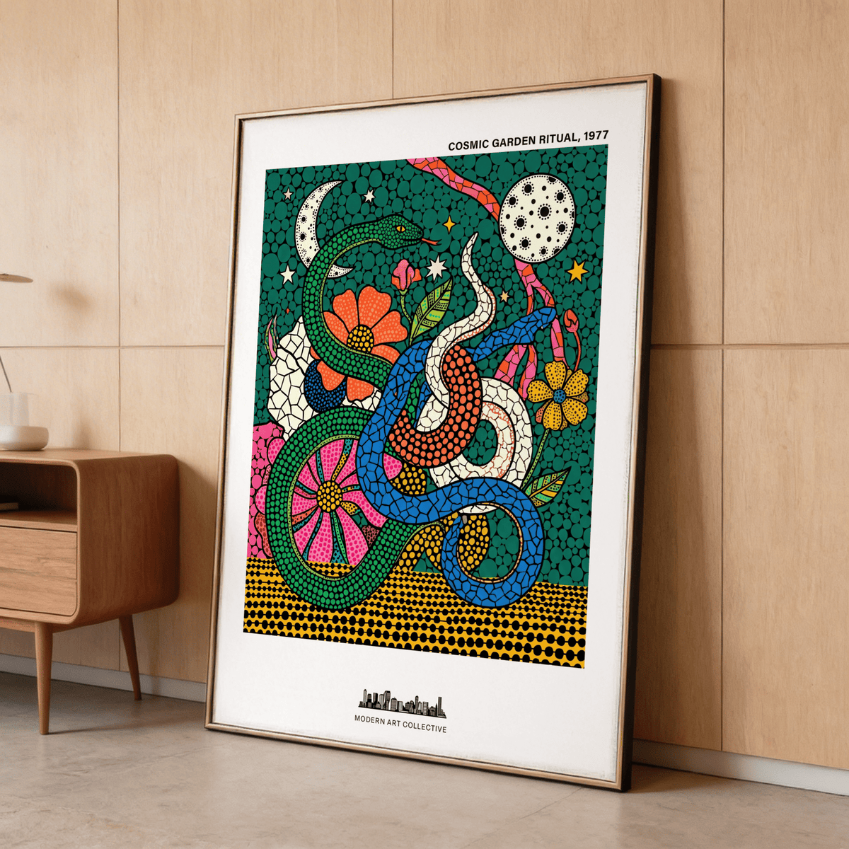 Graphic wall art print with crescent moon, star shapes, and dotted moon disk over a garden scene